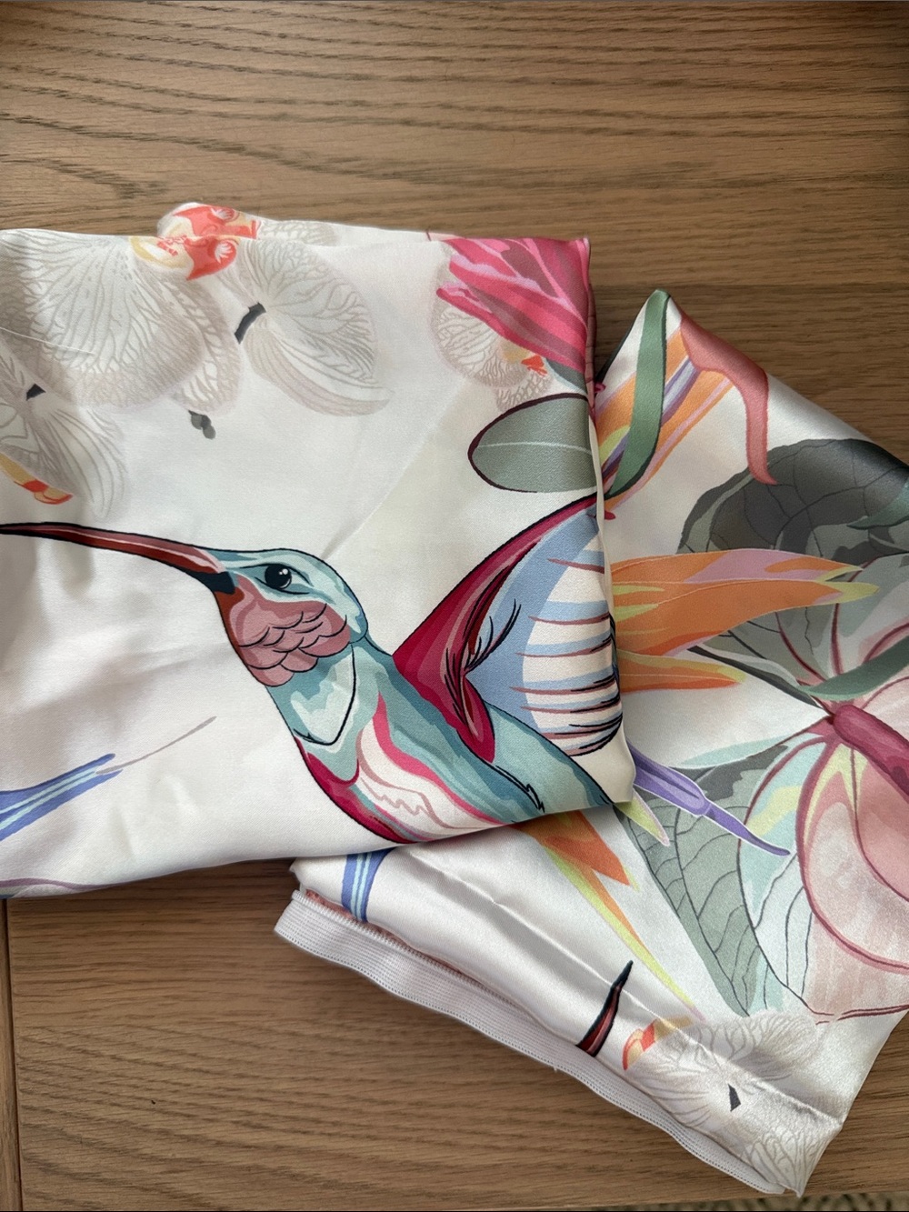 Floral & Hummingbird Satin Pillow Case Set in Pink, Teal, Cream NWOT
